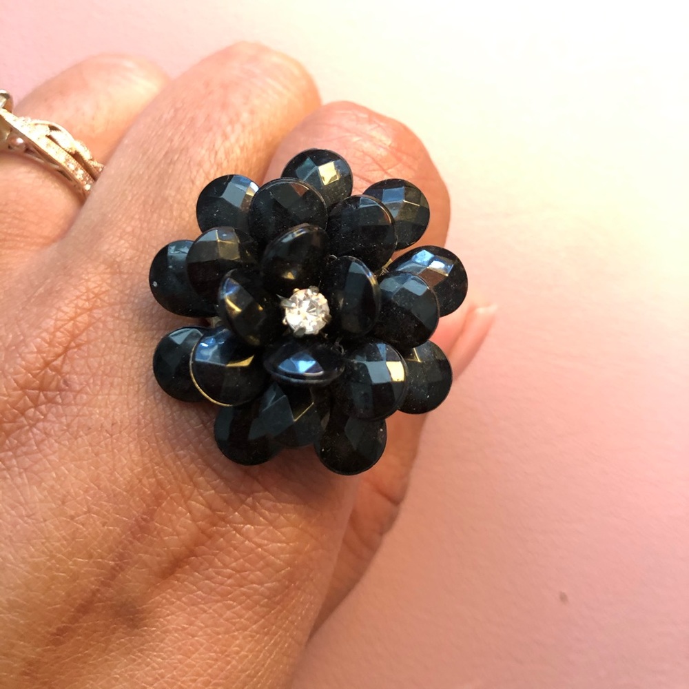 Black Adjustable Statement Flower Ring - image 2